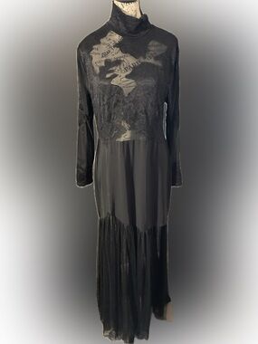 Sheer Lace-Panel Black Long Chemise with Slit and High neck